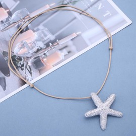 Wendalern Bohemian Gold Starfish Necklace for Women Large Starfish Pendant Necklace Adjustable Braided Rope Star Necklace Long Waxed Rope Cord Pullover Chain Necklace Ocean Jewellery, Zinc, No