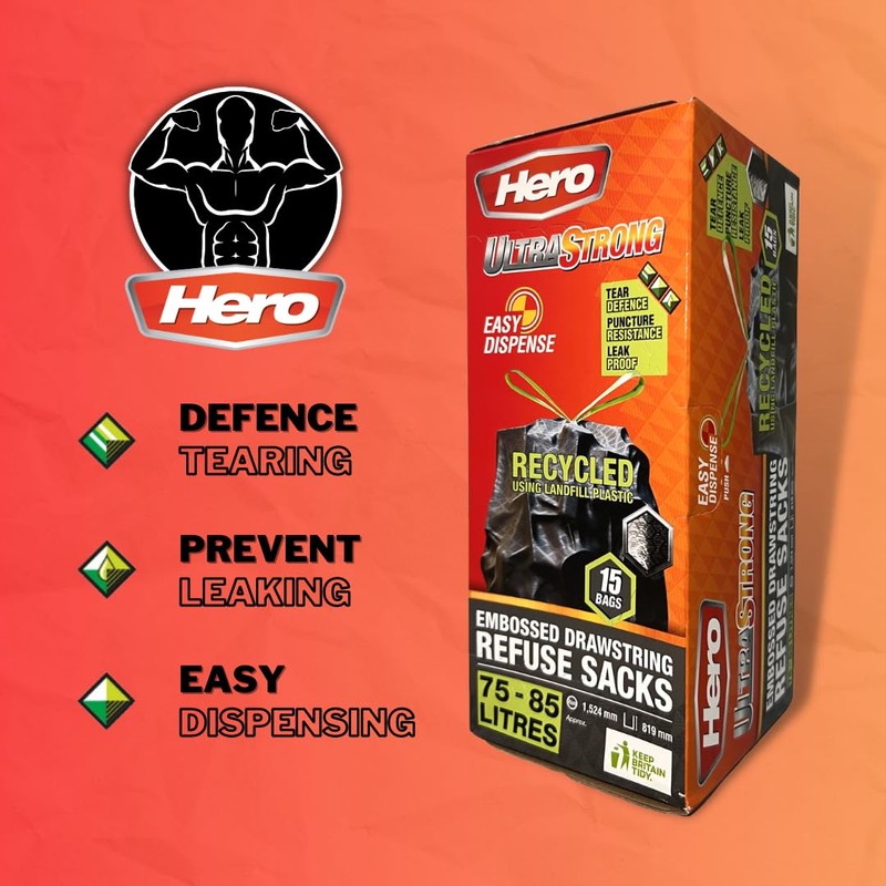 Hero Ultra Strong Black Embossed Drawstring Bin Bags 75-85L -