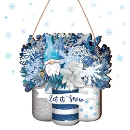 Winter Welcome Sign Wood Sign Blue Mason Jar Style Front Door Decor Winter Wood Hanging Door Sign Outdoor Wooden Front Door Decorations for Farmhouse Porch Front Door Decor (Blue Mason Jar Style)