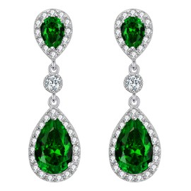 EleQueen 925 Sterling Silver Full Prong Cubic Zirconia Teardrop Bridal Dangle Earrings for Women Emerald Color, Valentine's Day/Mother's Day/Christmas Jewerly Gift for Wife/Mom