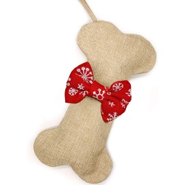 Malier New Linen Large Christmas Stocking for Dogs Cats Pets Jute Natural Burlap Dog Bone Shape Hanging Dog Christmas Stocking - Red Snowflake