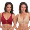 Curve Muse Women's Plus Size Unlined Underwire Lace Bra with Cushion Straps-2PK-Dark Red,Nude-40DDDD