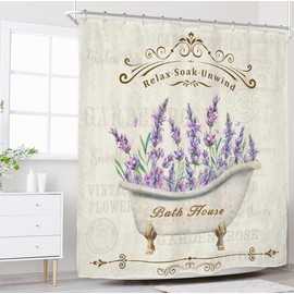 Riyidecor Lavender Lilac Shower Curtain for Bathroom Decor 72Wx72H Purple Floral Flower Rustic Vintage Farmhouse Botanical Women Bathtub Art Printed Fabric Polyester Waterproof 12 Pack Plastic Hooks