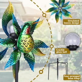 Solar Wind Spinner Outdoor Metal Kinetic Wind Spinners with LED Lighting Glass Ball Hummingbird Wind Spinner with Stake Decorative Windmill for Yard Lawn Garden Patio Decor