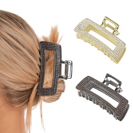 2 Pcs Rhinestone Hair Claw for Women, Gorgeous Rectangle Metal Hair Clips Accessories, Strong Hold Hair Claws Clips for Thick and Thin Hair