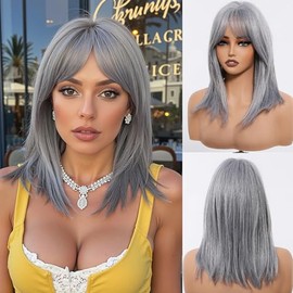 Allbell Grey Bob With Curtain Bangs Short Bob for Black Women Shoulder Length Wigs Heat Resistant Fiber Synthetic Hair Wigs Cosplay Wig Natural Looking(14 inch