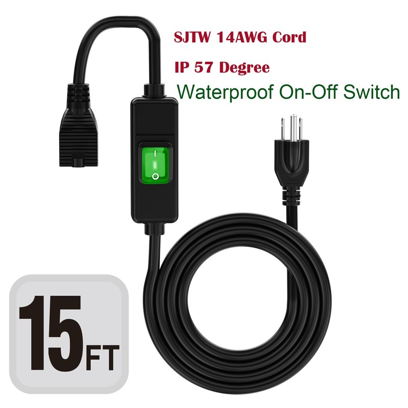 (15Feet) 3-Prong Outdoor Waterproof Extension Switch Cord, in-Line On/Off Switch