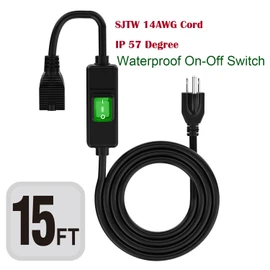 (15Feet) 3-Prong Outdoor Waterproof Extension Switch Cord, in-Line On/Off Switch Extension Cord, SJTW 14AWG 3C IP57 Waterproof,Max.20A 125V Heavy Duty Inline Switch…