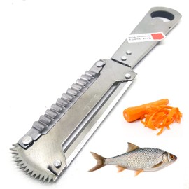 Mooninja Fish Scaler Remover Vegetable Fruit Peeler Coconut Grater Meat Cheese Scraper Apple Carrot Potatoe Slicer Stainless Steel Multifunctional Asian Cooking Kitchen Tool, Silver, 8 in (417)
