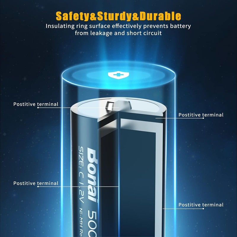 BONAI Rechargeable C Batteries, C Cells 5000mAh 1.2V Ni-MH High
