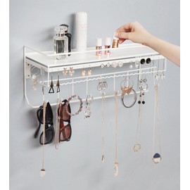 JackCubeDesign White Metal Necklace Jewelry Organizer Wall Mount Jewelry Holder Shelf Mounted Hanging Storage Hooks for Necklace, Earrings, Sunglasses, and Aesthetic Room Decor – MK238B
