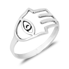 AeraVida Ancient Symbol of Protection Hamsa Hand with Evil Eye Sterling Silver Ring Size 6 | Trendy Everyday Fashion Accessories | Signs and Emblems Jewelry