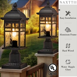NAXTTII Outdoor Post Lighting Fixture Waterproof Pole Lantern 16 Inch Height Outdoor Pillar Lights Black Aluminum Outdoor Column Lights for Garden Pathway and Fence