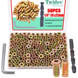 Twidec/50PCS 1/4"-20 Threaded Inserts for Wood Furniture Screw-in Nut Wood Inserts Bolt Assortment Kit with M6 Hex Wrench (1/4"-20 x25mm) N-059-1/4x25