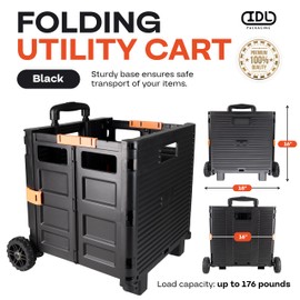 Black Folding Utility Cart with Wheels - Collapsible Rolling Teacher Cart with Lid - 4-Wheeled Lightweight Portable Rolling Crate for Grocery, Office, Luggage, Camping & Tools by IDL Packaging