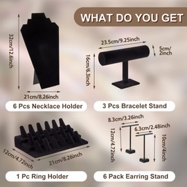 Henoyso 16 Pieces Black Velvet Jewelry Display Set Jewelry Display for Selling Black Velvet Necklace Display Bracelet Display Stand Finger Ring Display T Shape Earring Stand for Jewelry Showcase