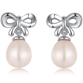 Pearl Earrings, Pearl Earrings for Women Sterling Silver Pearl Earrings Large Pearl Stud Earrings Bow Knot Freshwater Pearl Earrings Cubic Zirconia Pearl Earrings Dangle Hypoallergenic Earrings Silver Pearl Earrings Drop Han han