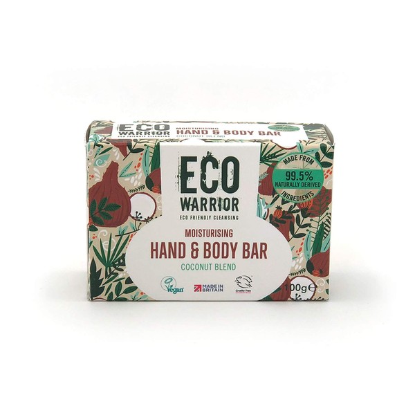 Eco Warrior Moisturising Hand & Body Soap Bar - Richly Nourishing Coconut Blend and Pure Essential Oils including Vanilla - Natural, Eco Friendly, Vegan and Cruelty Free Bar of Soap - 100g