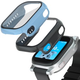 sylacor Compatible with AT&T amiGO Jr Watch Screen Protector, 2Pack Hard PC and Tempered Glass Case Cover for amiGo Kids Smartwatch Accessories, Anti-Scratch and Touch Sensitive (Black+Blue)