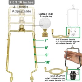 7 8 9 10 inch Lamp Shade Harp Holder,Adjustable Lamp Harp Kit,Fit Both Standard Lamp Rod and E26 Light Base UNO Fitter Adapter,with 2 Shade Attaching Finial Top (Gold Color - 1 Set)