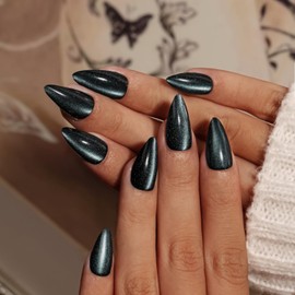 KQueenest Cat Eye Press On Nails Almond, 30 Pcs Glitter Black Press On Nails Medium, Sparkly Fake Nails With Glue, Luxury Chrome Nails Press ons, Reusable Stick on Nail for Women Winter Decoration