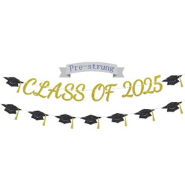 Class of 2025 Banner, 2025 Congrats Grad Decorations,we are so proud of you Decor,Gold Glitter Letters with Black Graduation Cap Banner(Pre-strung) (Gold Black)