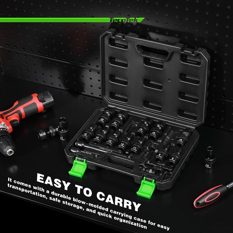 TecoTek 19 PCS 3/8" Drive Shallow Universal Impact Socket Set,