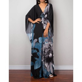 Swimsuit Cover ups Women's Blue Grey Peony Flower Kaftan Turkish Caftan Silk Wrinkle Ethnic Print Plus Size Kaftans Floral Print Batwing Sleeve Over Sized Caftans Lounge wear Maxi Beach Dress 8693-16