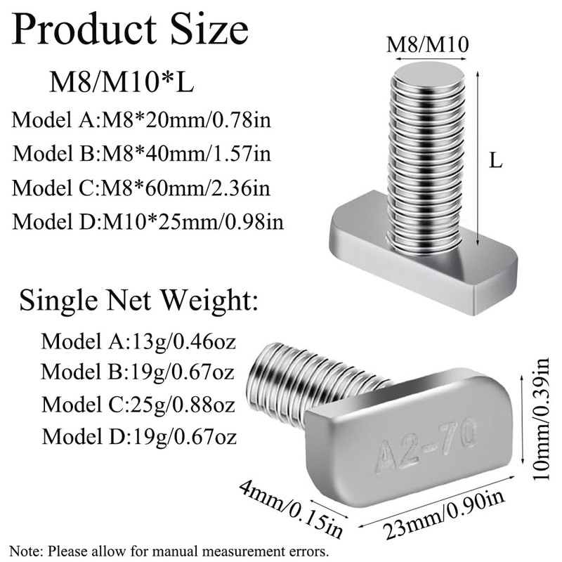 T Bolt M8x40 Hammer Head Screw Stainless Steel T Slotted