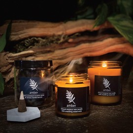 Crackling Wood Wick Candle Handcrafted with Organic Coconut Wax and Essential Oils (Amber, Standard 8 oz)