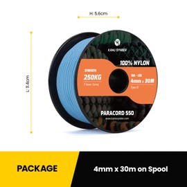 Kamu Synber 550 Paracord 4mm 30m Type III 7 Strands 100% Nylon Rope Parachute Cord Ideal for Crafting, DIY, Camping, Survival, Outdoor | Support 250kg | Sky Blue