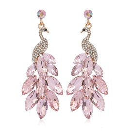 Vintage Peacock Dangle Earrings for Women Girls 14K Gold Plated Green Crystal Feather Peafowl Statement Drop Dangling Stud Earring Boho Exaggerated Birthday Holiday Jewelry Gifts (Light Pink)