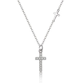 EVER FAITH Cross Choker Necklace 925 Sterling Silver with Side Mini Classic 14 Carat Gold Pendant for Women Girls (Zirconia Silver Tone), Sterling Silver