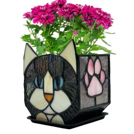 Entlityful Stained Glass Black Cat Flower Pot,Succulent Pots with Drainage,Unique Black Cat Planter,Flower Pots for Indoor Plants,Glass Container Display Decoration,Cute Plant Gifts