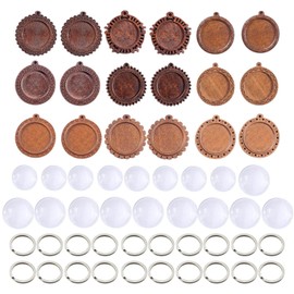 VEHYEGOI 36 Pieces Pendant Glass Patch Tray And 20 Pieces Circle Keychain, Diy Hanging Materials, Retro Pendant Making, Round Tray