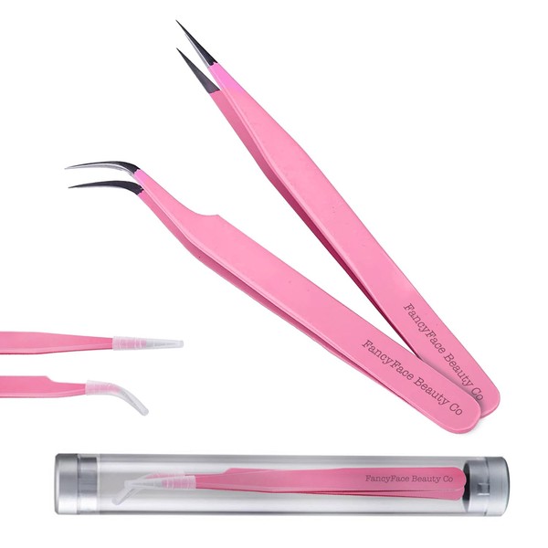 FancyFace Beauty 2 Pieces Straight and Curved Tip Tweezers Eyelash