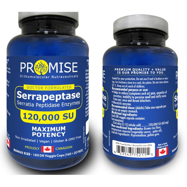 180 DR vcaps Promise Serrapeptase (Serratia Peptidase Enzymes) 120,000 SU, MAXIMUM POTENCY, Natural Pain Relief, Made in Canada