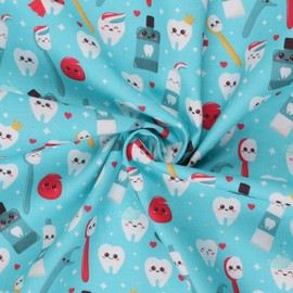 Mook Fabrics Cotton Dental Happy Teeth, Aqua Cut by The Yard