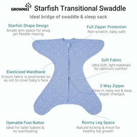 GROWNSY Transitional Swaddle Sleep Sack 3-6 Months, Starfish Design Baby Swaddle Sack, Dual-Zipper for Easy Diaper Changes, Proper Hip Development & Openable Foot Button, 12-20lbs, Blue