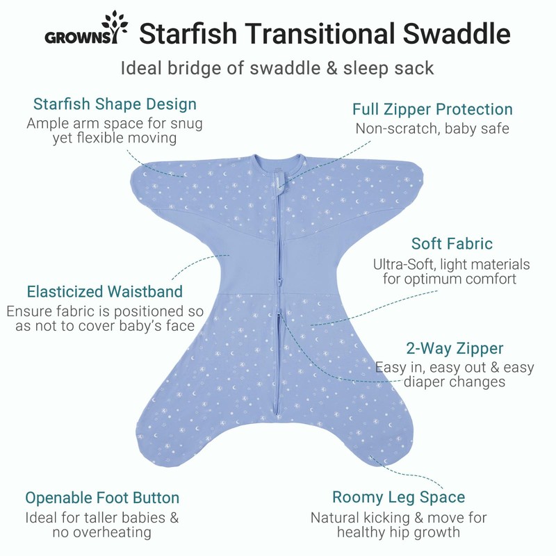 GROWNSY Transitional Swaddle Sleep Sack 3-6 Months, Starfish Design Baby