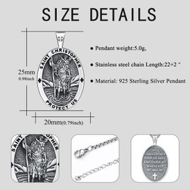 Aniu St Christopher Pendant Necklace Sterling Silver Saint Christopher Medal Jewelry for Men Women Bless Safety Religious Pendant Gift