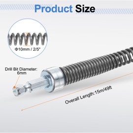 HARFINGTON Drain Cable 2/5" (10mm) Dia. 49ft Drain Cleaning Auger Cables with Drill Connector Flexible Spring Unclog Hair for Bathroom Kitchen Toilet Bathtub Sewer Sink