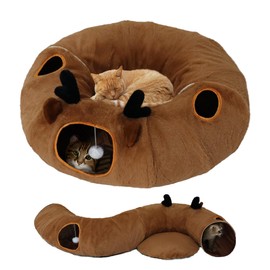Cat Tunnel Bed for Indoor Cats with Washable Cushion Cat Cave Donut Tunnel with Fluffy Ball Big Round Tube Pet Playground Toys Soft Plush Peekaboo for Kitten, Cat, Puppy, Rabbit, Ferret（Deer）