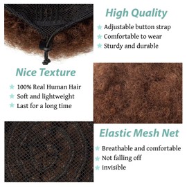 SPIKFN Afro Puff Clip On Human hair Drawstring Ponytail for Black Women,Short Afro Kinkys Curly Afro Bun Extension Hairpiece Ponytail Extension 8 Inch #4 Medium Brown 60g