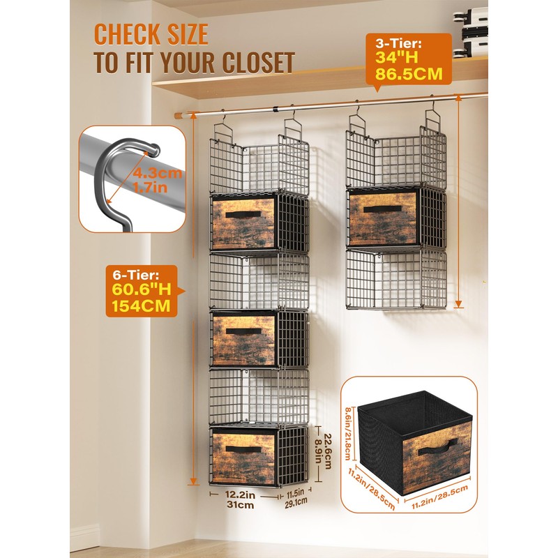 Closet Hanging Organizer with Drawers, 6 Tier Metal Closet Organizers
