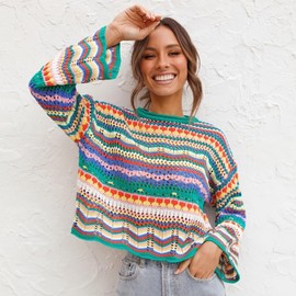 EFOGEP Women's Long Sleeve Pullover Rainbow Knitted Pullover Crew Neck Crochet Lightweight Y2K Loose Casual Striped Tops Autumn Hollow Out Pullover, Green