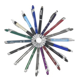 5 lb. Box of Assorted Misprint Metal Retractable Ball Point – Bulk Misprinted Pens, Stylus Tip, Comfort Grips, Wholesale Office Home School Black Blue Ink – Approximately 120 Pens per Box