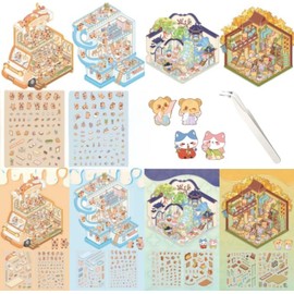 DSNJPZX 4 Sets DIY 3D House Stickers - Fun DIY Stickers Scene Make Your Own Supermarket - Cute 3D Korean Cartoon Scene Stickers for Adult Relief Stress Pass The Time