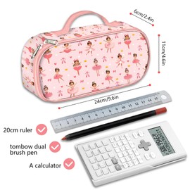 ROVOZAR Pink Ballet Pencil Case for Girls, Ballet Dancer Pencil Box for Kids Ballerina Pen Bag, Large Capacity Ballet Dance Pencil Pouch with Zipper Compartments for School Office
