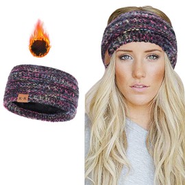 Winter Knitted Headband - Women Ear Warmer Headband Crochet Turban Twist Hair Band Fleece Lined Stretchy Headwrap Winter Thick Headbands For Womens (Black-Flower)